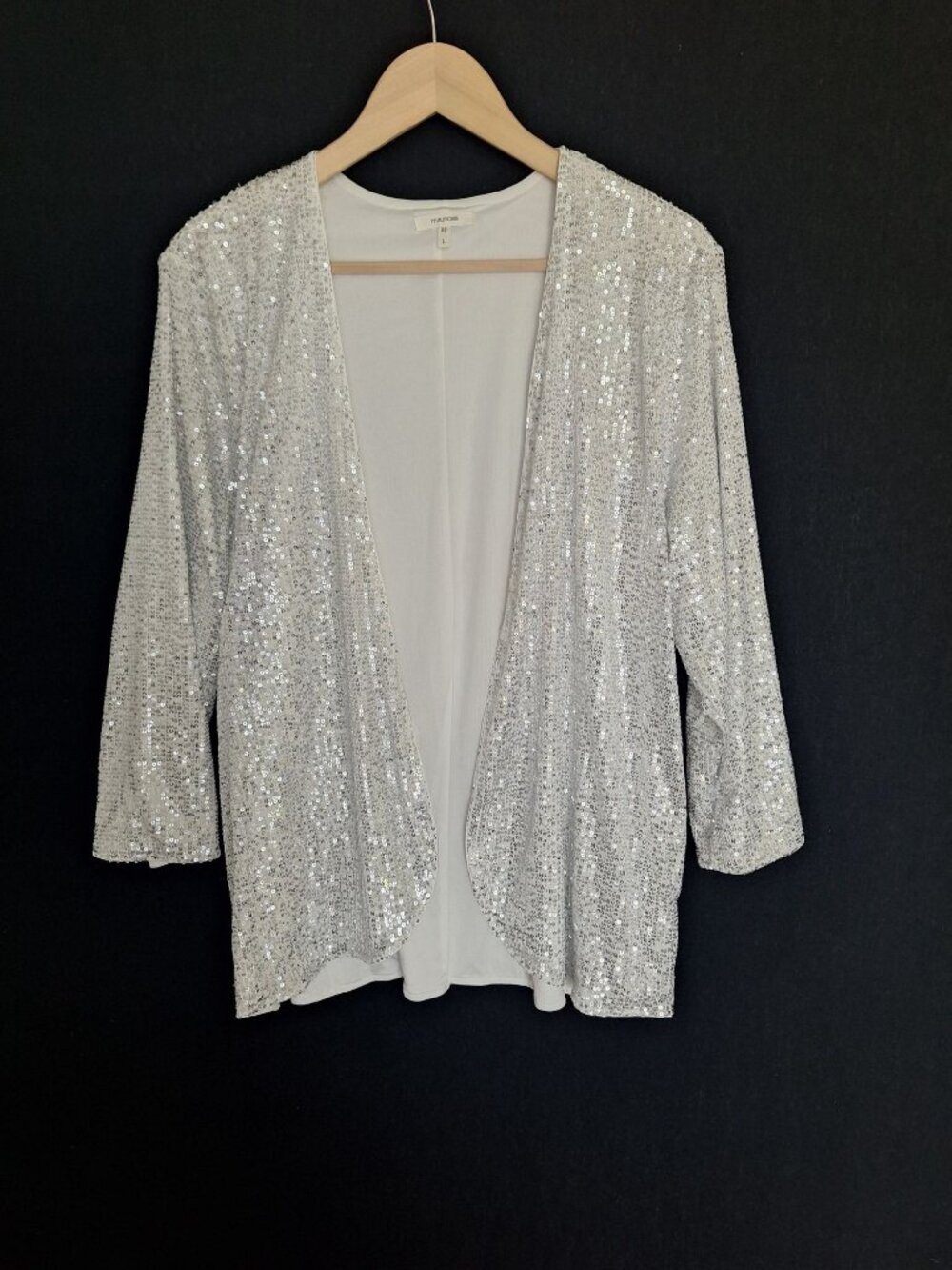 💙 Maurices Silver Sequin Open Front Cardigan Women’s Size L Pockets Sparkle Par